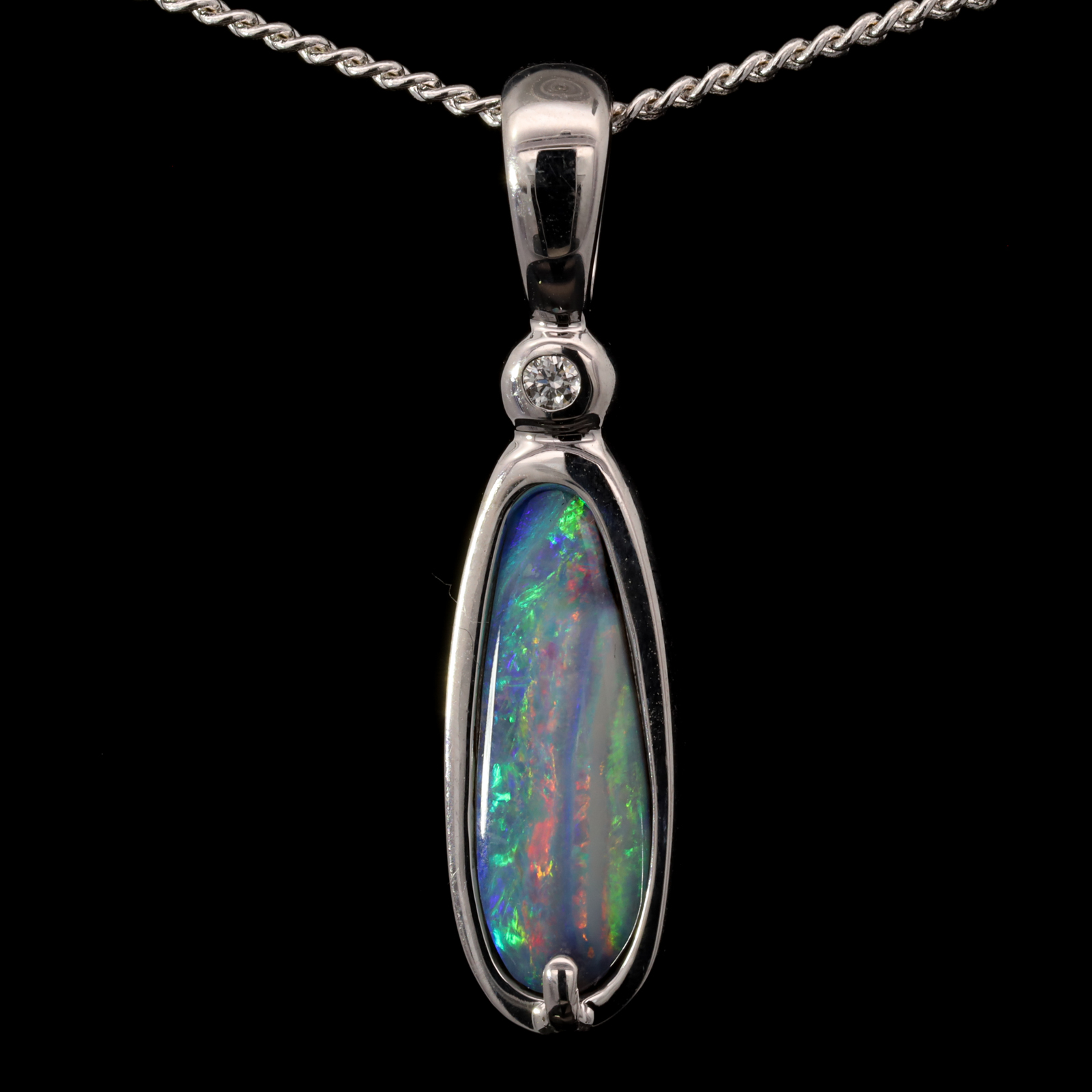 White Gold Blue Green Pink Solid Australian Boulder Opal Necklace Pendant with Diamond
