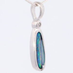 White Gold Blue Green Pink Solid Australian Boulder Opal Necklace Pendant with Diamond