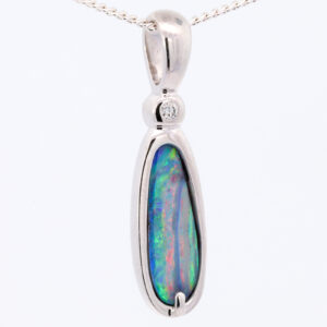 White Gold Blue Green Pink Solid Australian Boulder Opal Necklace Pendant with Diamond