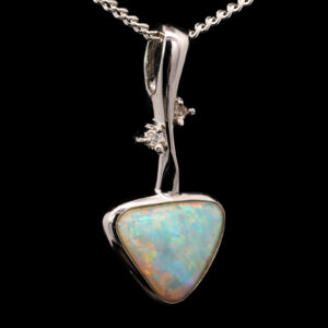 White Gold Blue Green Yellow Orange Solid Australian Crystal Opal and Diamond Necklace Pendant