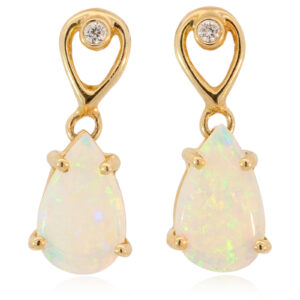 Yellow Gold Blue Green Yellow Orange Solid Australian Crystal Opal and Diamond Earrings