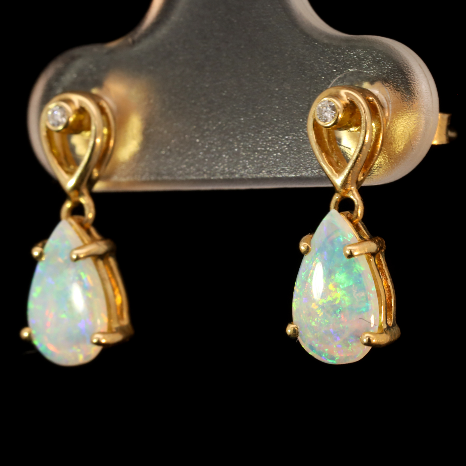Yellow Gold Blue Green Yellow Orange Crystal Opal and Diamond Earrings