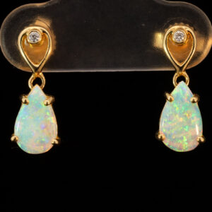 Yellow Gold Blue Green Yellow Orange Crystal Opal and Diamond Earrings