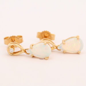 Yellow Gold Blue Green Yellow Orange Solid Australian Crystal Opal and Diamond Earrings