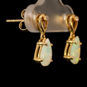 Yellow Gold Blue Green Yellow Orange Solid Australian Crystal Opal and Diamond Earrings