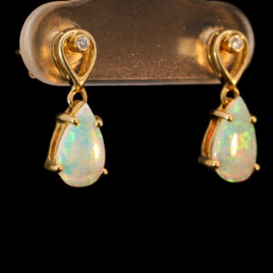 Yellow Gold Blue Green Yellow Orange Solid Australian Crystal Opal and Diamond Earrings