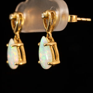 Yellow Gold Blue Green Yellow Orange Solid Australian Crystal Opal and Diamond Earrings