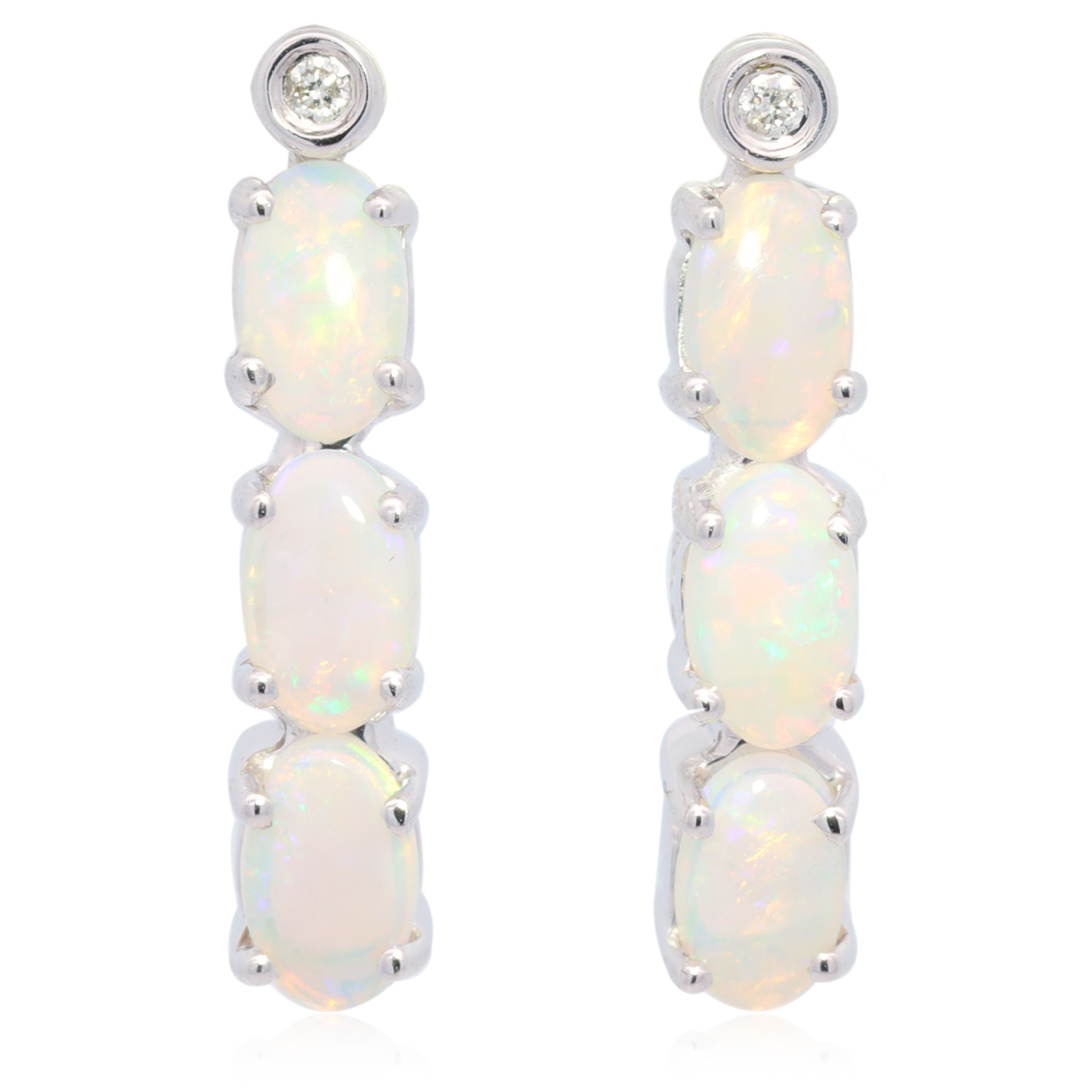 White Gold Blue Green Yellow Orange Solid Australian Crystal Opal and Diamond Earrings