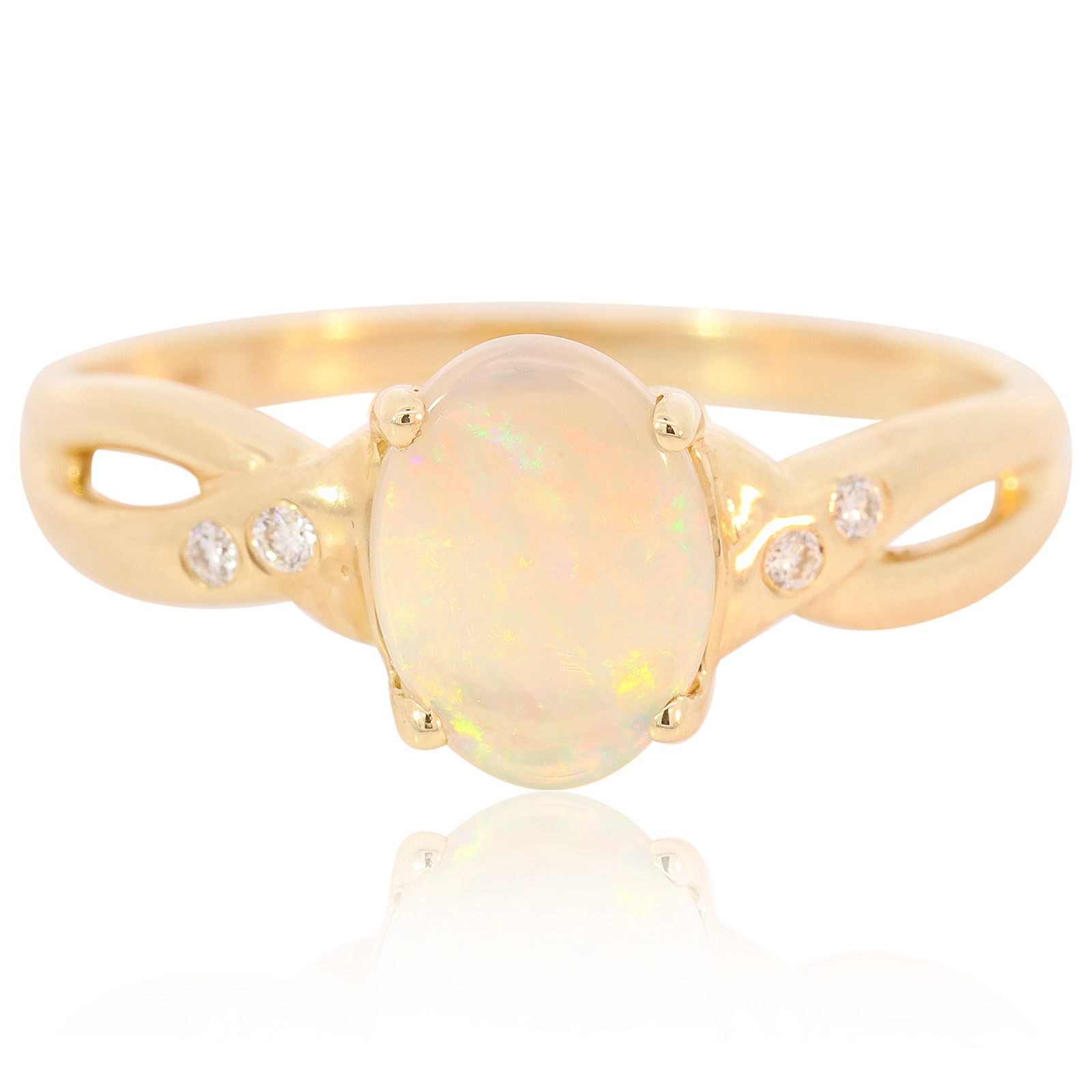 Yellow Gold Blue Green Yellow Orange Red Solid Australian Crystal Opal and Diamond Engagement Ring