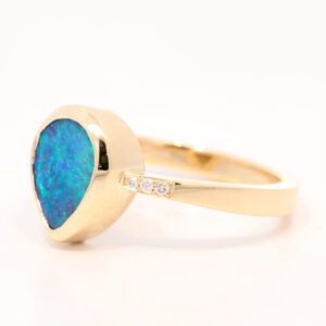 Yellow Gold Blue Green Solid Australian Boulder Opal and Diamond Engagement Ring