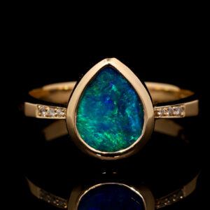 Yellow Gold Blue Green Solid Australian Boulder Opal and Diamond Engagement Ring