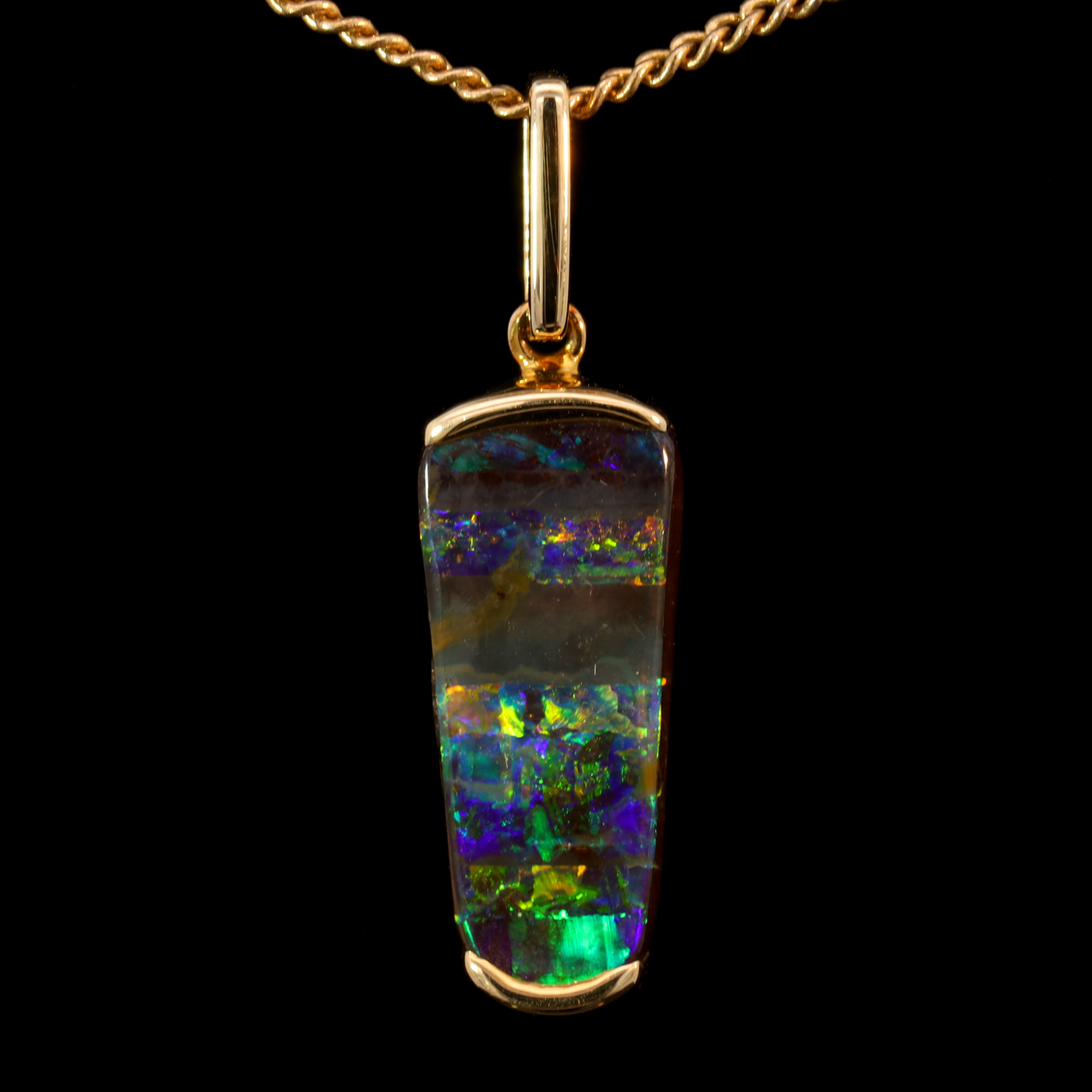 Yellow Gold Blue Green Yellow Orange Red Boulder Opal Necklace Pendant