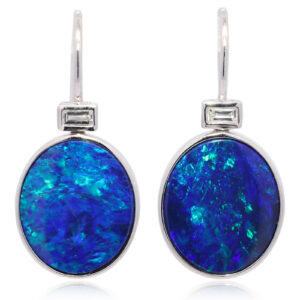 White Gold Blue Green Purple Doublet Opal and Diamond Earrings