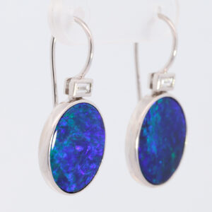 White Gold Blue Green Purple Doublet Opal and Diamond Earrings