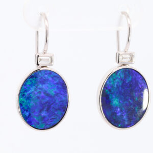 White Gold Blue Green Purple Doublet Opal and Diamond Earrings