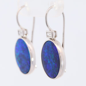 White Gold Blue Green Purple Doublet Opal and Diamond Earrings