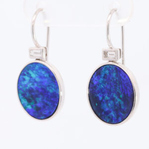 White Gold Blue Green Purple Doublet Opal and Diamond Earrings