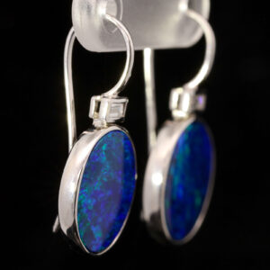 White Gold Blue Green Purple Doublet Opal and Diamond Earrings
