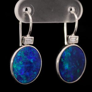 White Gold Blue Green Purple Doublet Opal and Diamond Earrings