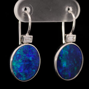 White Gold Blue Green Purple Doublet Opal and Diamond Earrings