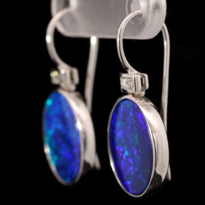 White Gold Blue Green Purple Doublet Opal and Diamond Earrings