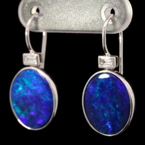 White Gold Blue Green Purple Doublet Opal and Diamond Earrings