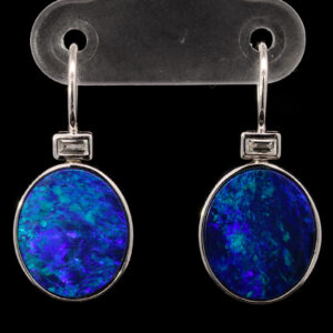 White Gold Blue Green Purple Doublet Opal and Diamond Earrings