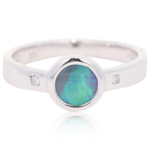 White Gold Blue Green Solid Australian Black Opal and Diamond Engagement Ring