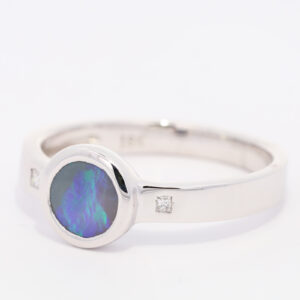 White Gold Blue Green Solid Australian Black Opal and Diamond Engagement Ring
