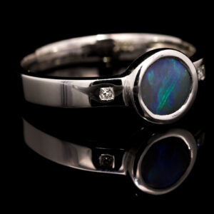 White Gold Blue Green Solid Australian Black Opal and Diamond Engagement Ring