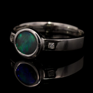 White Gold Blue Green Solid Australian Black Opal and Diamond Engagement Ring