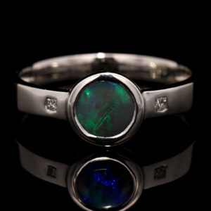 White Gold Blue Green Solid Australian Black Opal and Diamond Engagement Ring