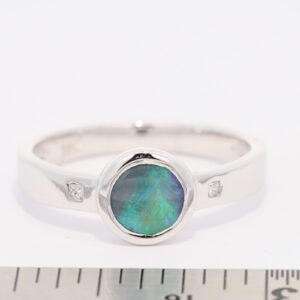 White Gold Blue Green Solid Australian Black Opal and Diamond Engagement Ring