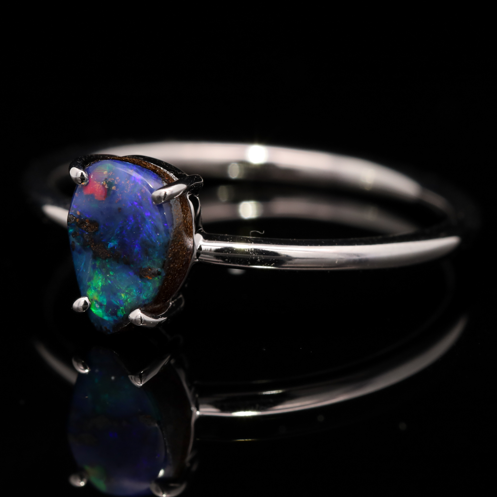 White Gold Blue Purple Green Orange Solid Australian Boulder Opal Ring