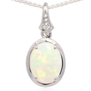 White Gold Blue Green Yellow Orange Solid Australian Crystal Opal and Diamond Pendant Necklace