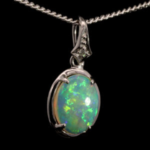 White Gold Blue Green Yellow Orange Solid Australian Crystal Opal and Diamond Pendant Necklace