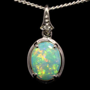 White Gold Blue Green Yellow Orange Solid Australian Crystal Opal and Diamond Pendant Necklace