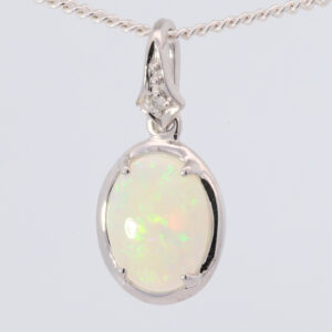 White Gold Blue Green Yellow Orange Solid Australian Crystal Opal and Diamond Pendant Necklace