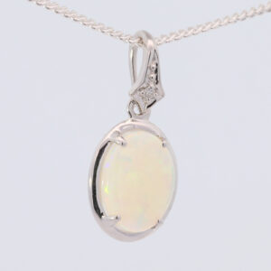 White Gold Blue Green Yellow Orange Solid Australian Crystal Opal and Diamond Pendant Necklace