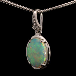 White Gold Blue Green Yellow Orange Solid Australian Crystal Opal and Diamond Pendant Necklace