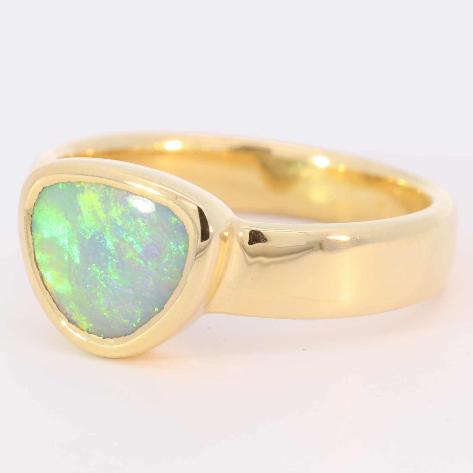 Yellow Gold Blue Green Yellow Solid Australian Semi Black Opal Ring