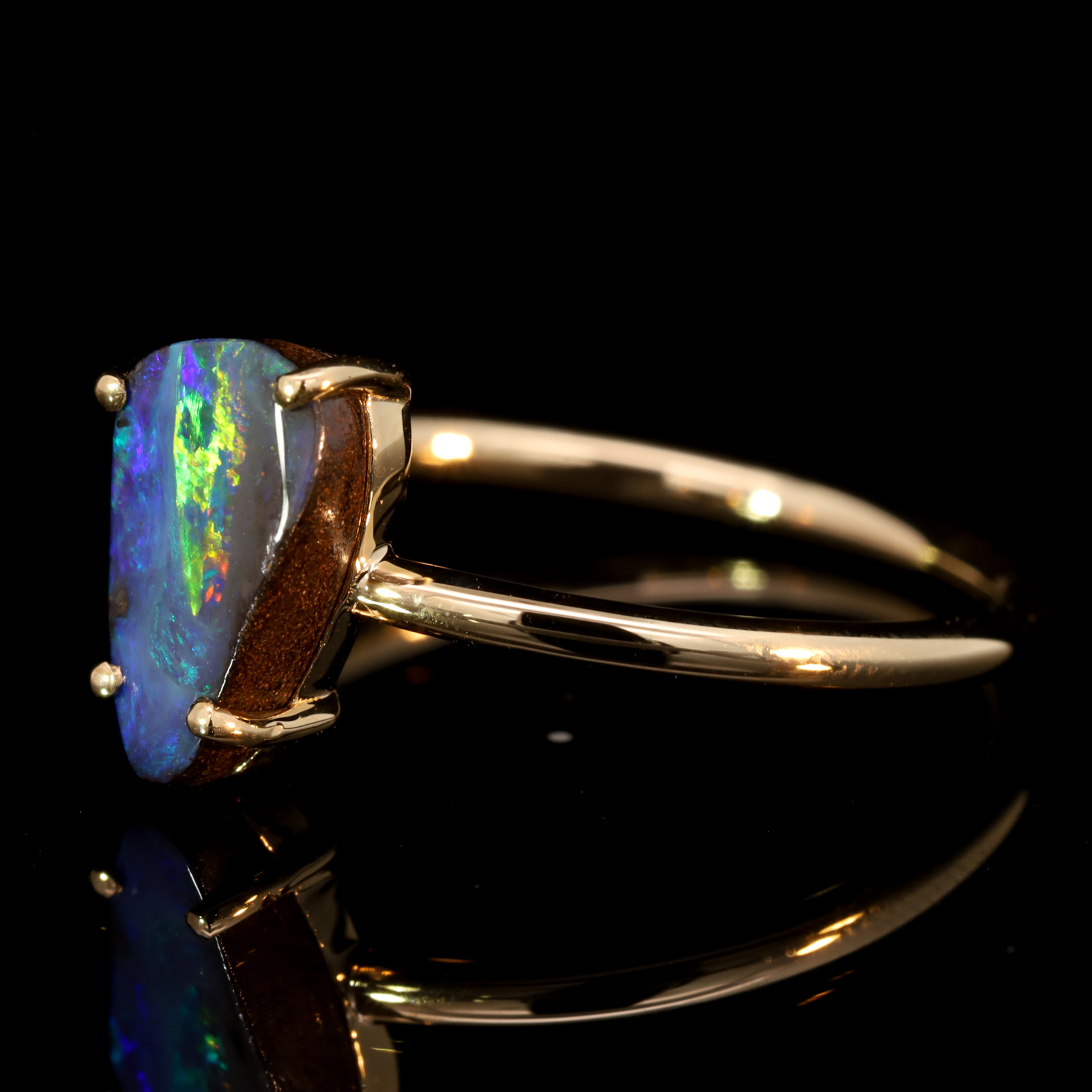 Yellow Gold Blue Green Yellow Orange Solid Australian Boulder Opal Ring