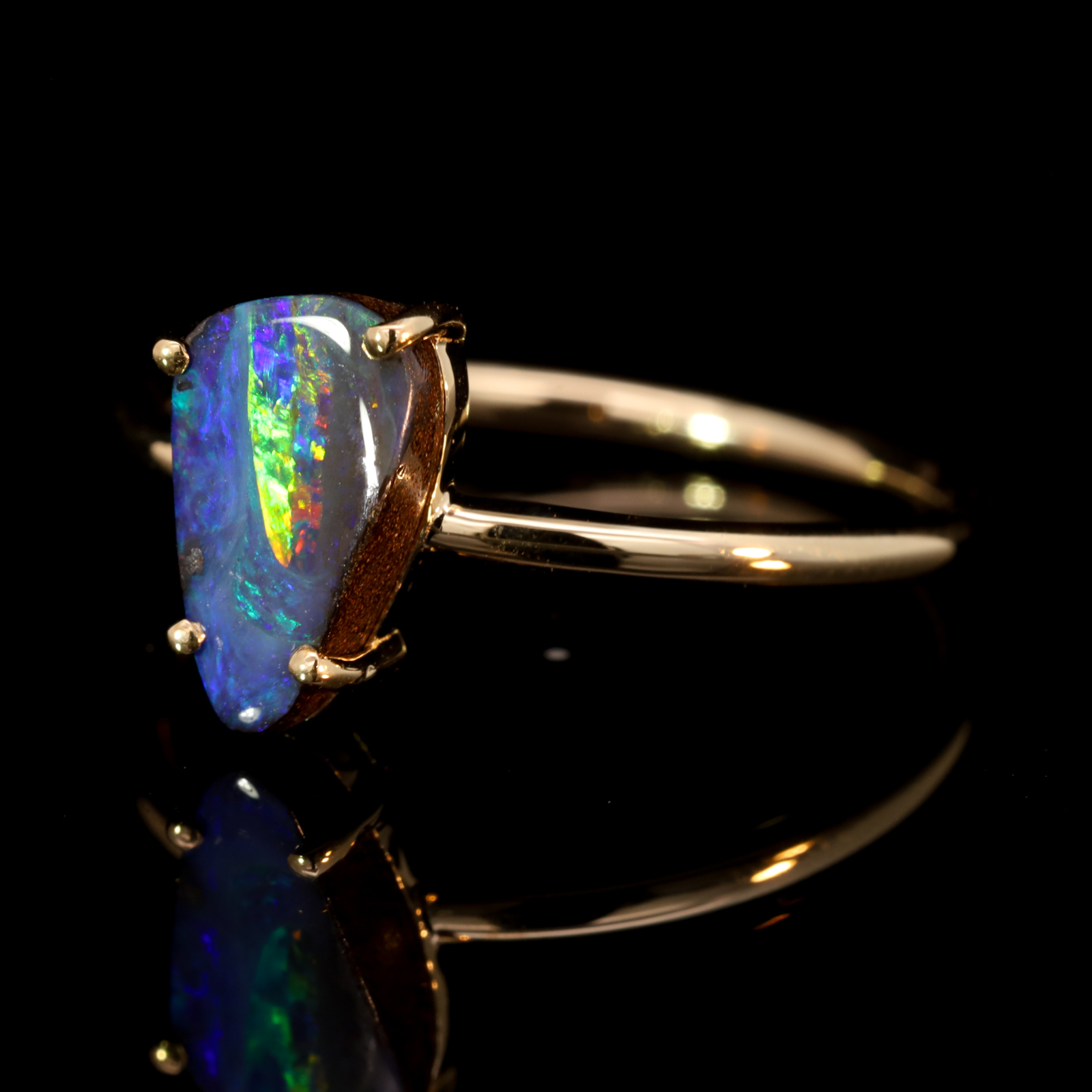 Yellow Gold Blue Green Yellow Orange Solid Australian Boulder Opal Ring