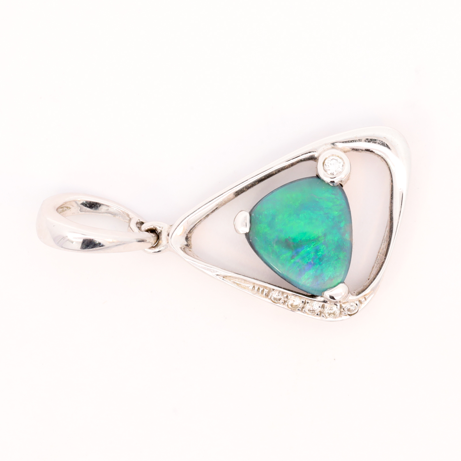White Gold Blue Green Solid Australian Black Opal and Diamond Necklace Pendant