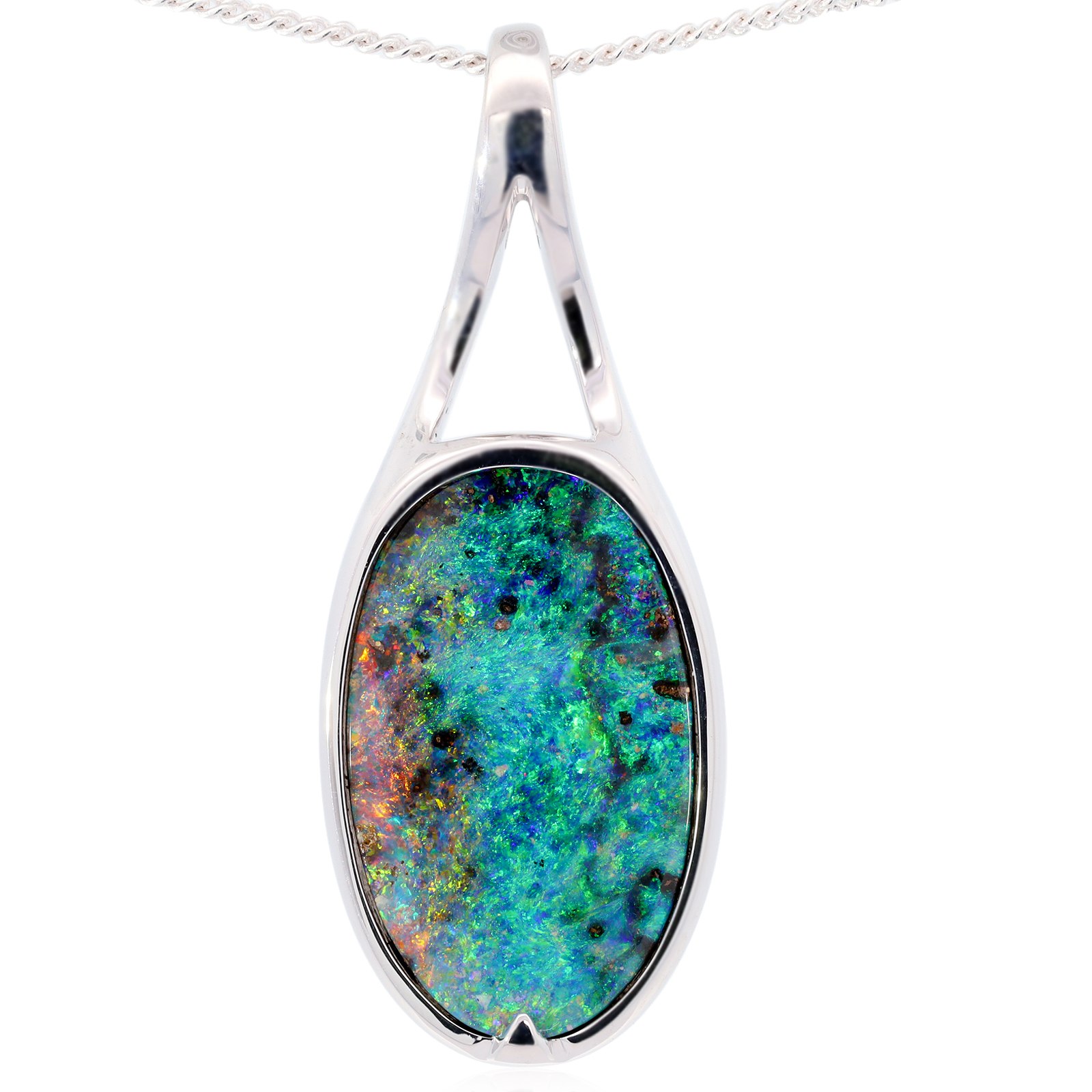 White Gold Blue Green Orange Red Yellow Solid Australian Boulder Opal Necklace Pendant