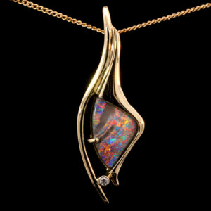 Yellow Gold Blue Green Orange Yellow Red Pink Solid Australian Boulder Opal and Diamond Necklace Pendant