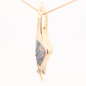 Yellow Gold Blue Green Orange Yellow Red Pink Solid Australian Boulder Opal and Diamond Necklace Pendant