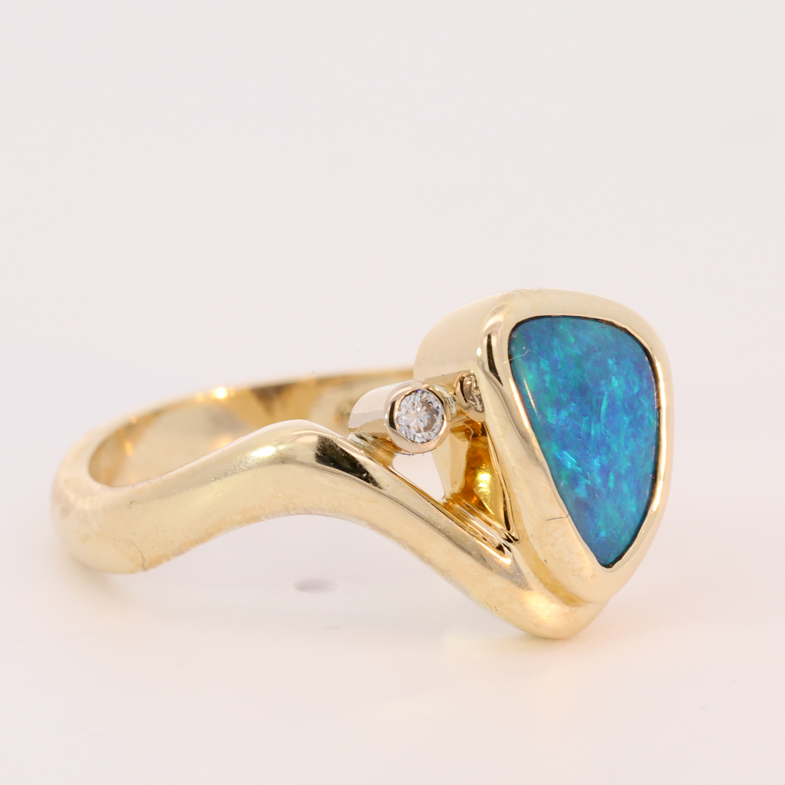 Yellow Gold Green Blue Yellow Solid Australian Boulder Opal and Diamond Engagement Ring