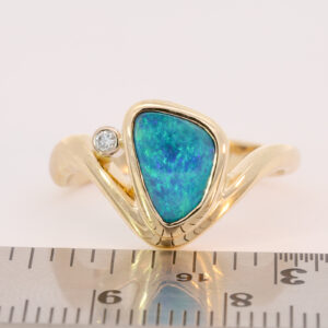 Yellow Gold Green Blue Yellow Solid Australian Boulder Opal and Diamond Engagement Ring