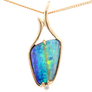 Yellow Gold Blue Green Yellow Solid Australian Boulder Opal and Diamond Necklace Pendant